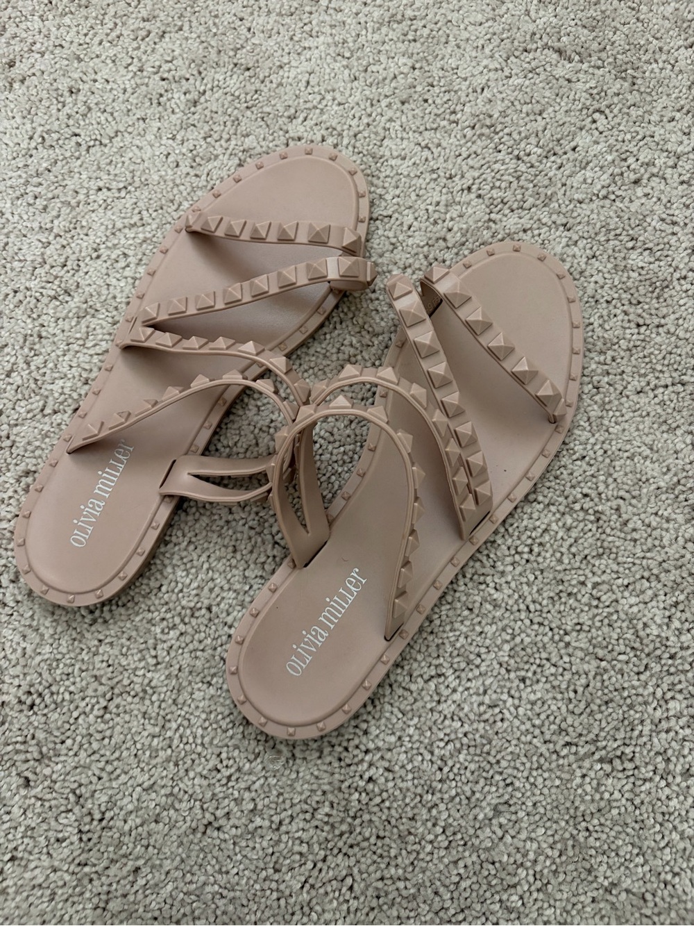 Olivia Miller Blush Studded Triple-Strap Slide Sandals